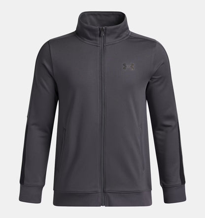 Veste - Under Armour grise foncée à zip intégral avec col montant, manches longues, vue de face, style sport pour enfant.