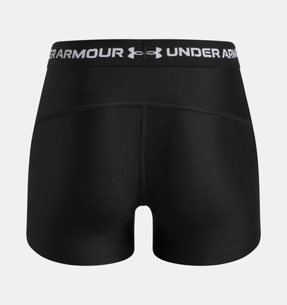 Short HeatGear® Shorty - Under Armour noir en polyester et élasthanne, vue de dos, taille femme, bande élastique logo blanc