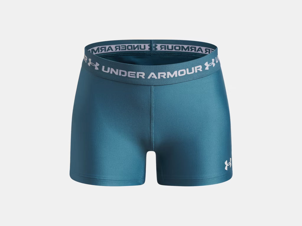 Short HeatGear® Shorty - Under Armour bleu avec ceinture élastique grise et logo, en polyester et élasthanne, vue de face adulte femme.