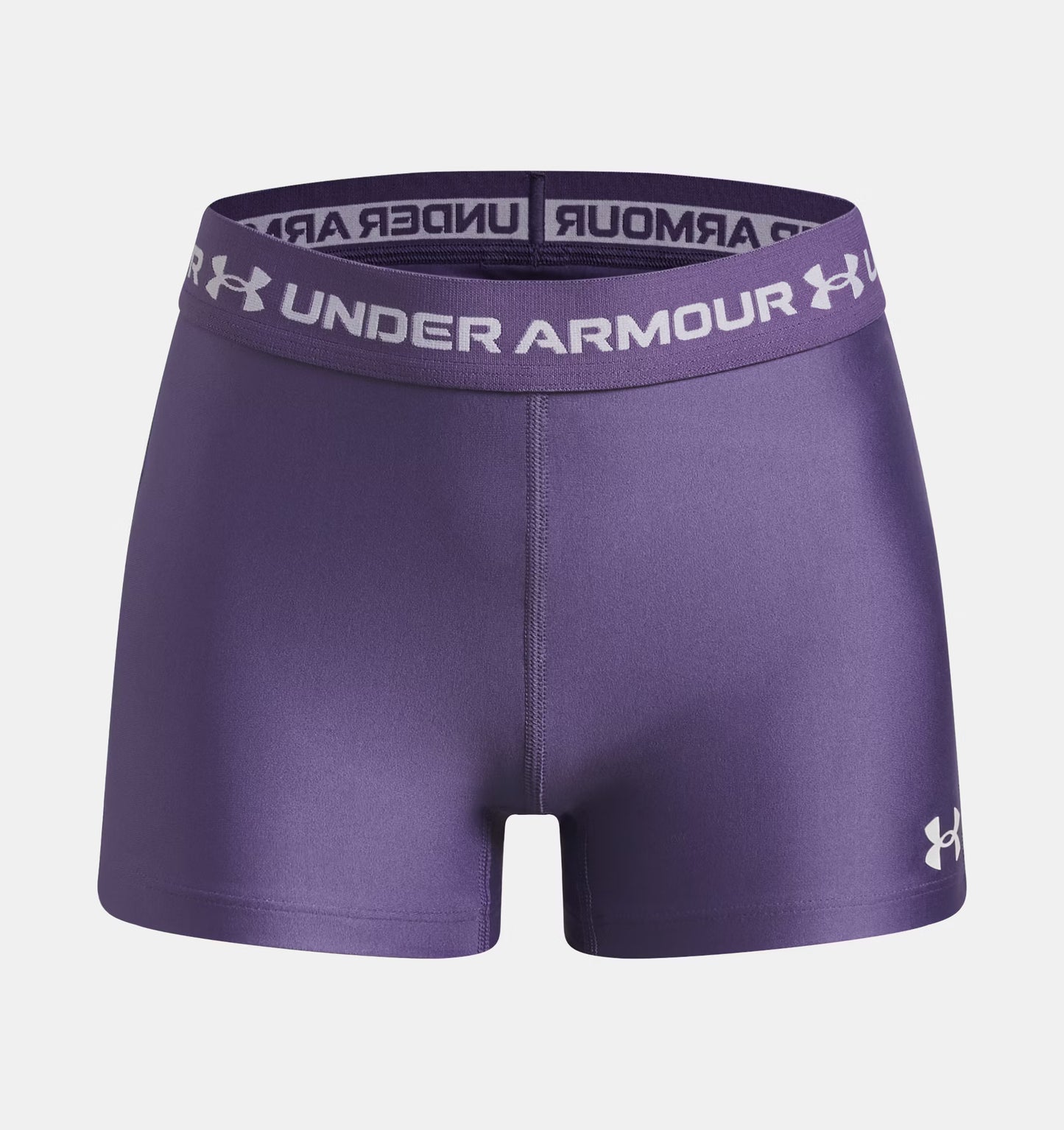 Short HeatGear® Shorty - Under Armour violet en polyester et élasthanne, vue de face, coupe ajustée, ceinture logo blanc