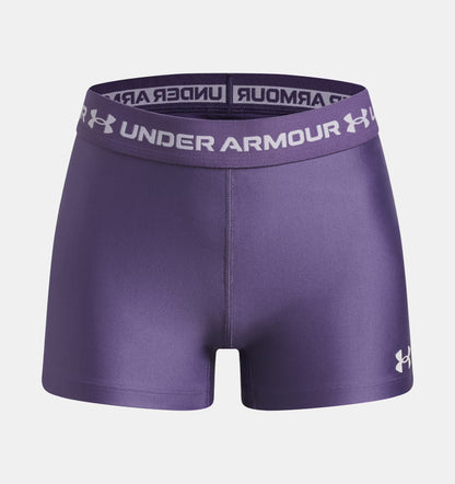 Short HeatGear® Shorty - Under Armour violet en polyester et élasthanne, vue de face, coupe ajustée, ceinture logo blanc