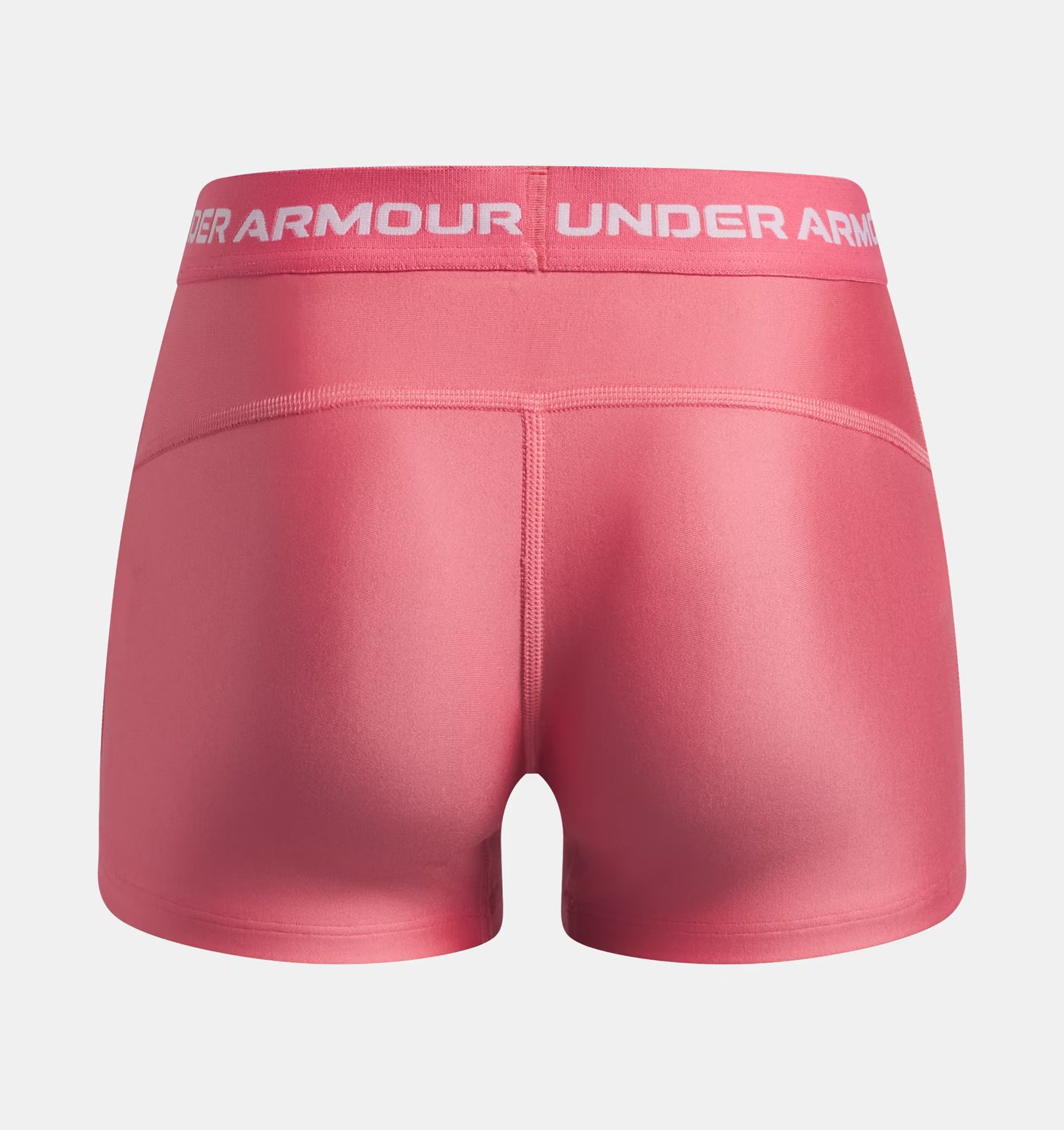 Short HeatGear® Shorty - Under Armour rose corail en polyester et élasthanne, vue de dos, taille adulte femme, ceinture élastique logo blanc.