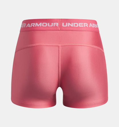 Short HeatGear® Shorty - Under Armour rose corail en polyester et élasthanne, vue de dos, taille adulte femme, ceinture élastique logo blanc.