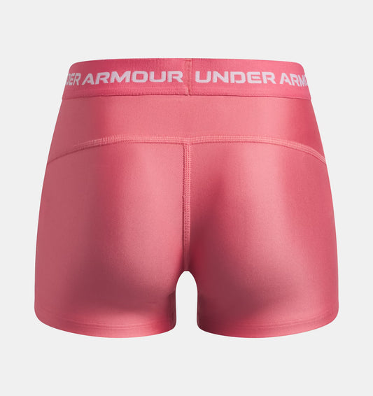Short HeatGear® Shorty - Under Armour rose corail en polyester et élasthanne, vue de dos, taille adulte femme, ceinture élastique logo blanc.