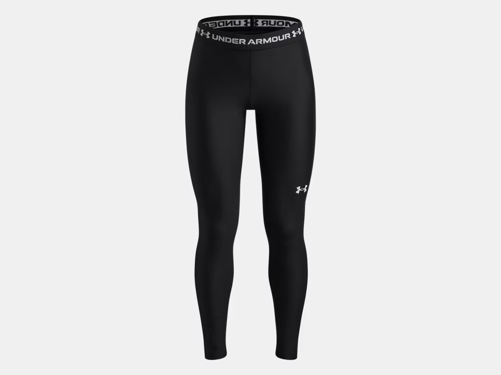 Legging HeatGear® - Under Armour noir, taille haute avec logo blanc, en polyester et élasthanne, vue de face sur fond blanc.