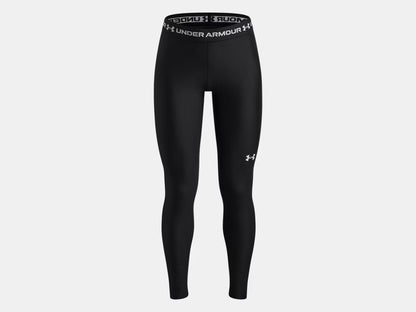 Legging HeatGear® - Under Armour noir, taille haute avec logo blanc, en polyester et élasthanne, vue de face sur fond blanc.