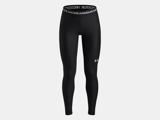 Legging HeatGear® - Under Armour noir, taille haute avec logo blanc, en polyester et élasthanne, vue de face sur fond blanc.