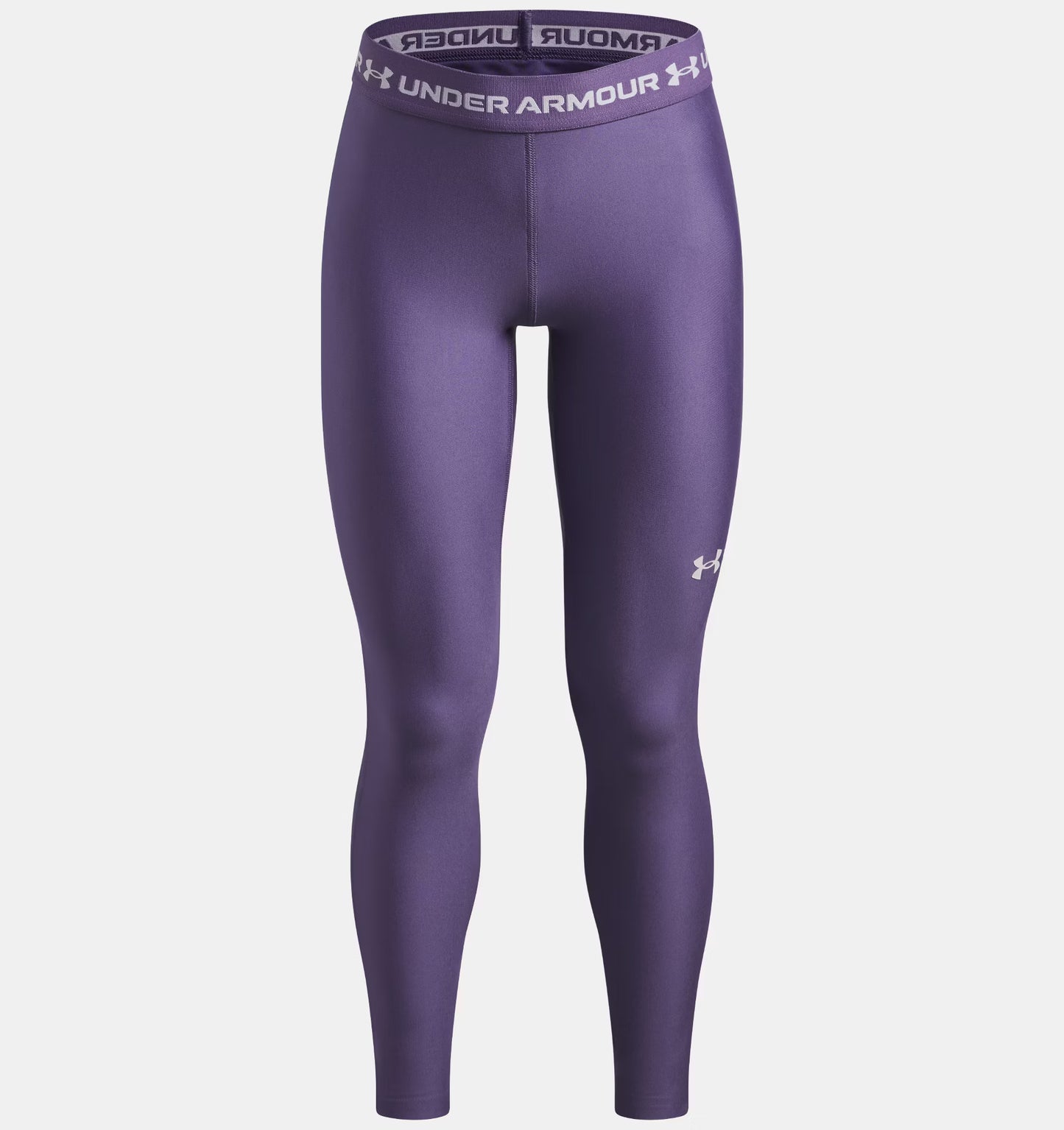 Legging HeatGear® - Under Armour violet à taille haute avec logo blanc, tissu polyester et élasthanne, vue de face.