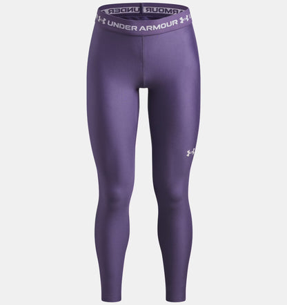 Legging HeatGear® - Under Armour violet à taille haute avec logo blanc, tissu polyester et élasthanne, vue de face.