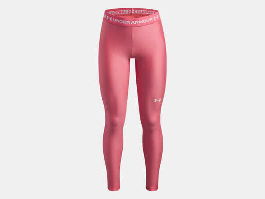 Legging HeatGear® - Under Armour rose uni en polyester et élasthanne, taille haute avec logo, vue de face sur mannequin.