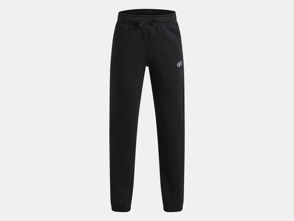 Pantalon de survêtement noir à coupe droite, taille élastique et petit logo blanc, vue de face