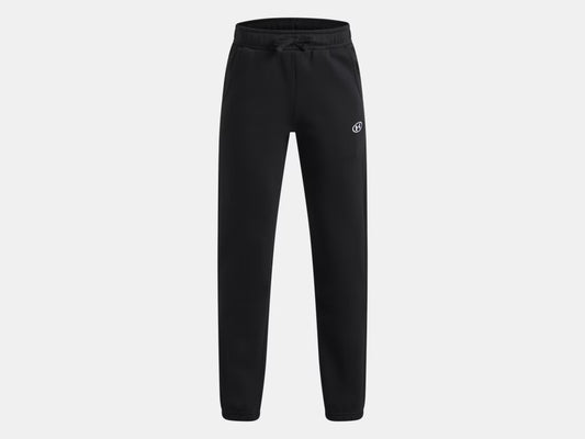 Pantalon de survêtement noir à coupe droite, taille élastique et petit logo blanc, vue de face