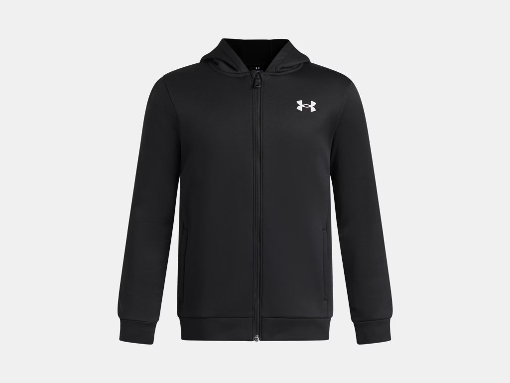 Veste Armour Fleece - Under Armour noire à capuche avec fermeture zippée, en tissu polaire léger, vue de face pour enfant.