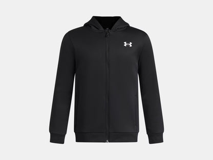 Veste Armour Fleece - Under Armour noire à capuche avec fermeture zippée, en tissu polaire léger, vue de face pour enfant.