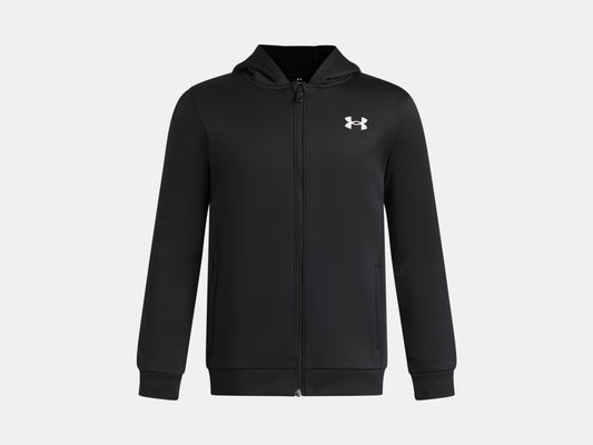 Veste Armour Fleece - Under Armour noire à capuche avec fermeture zippée, en tissu polaire léger, vue de face pour enfant.