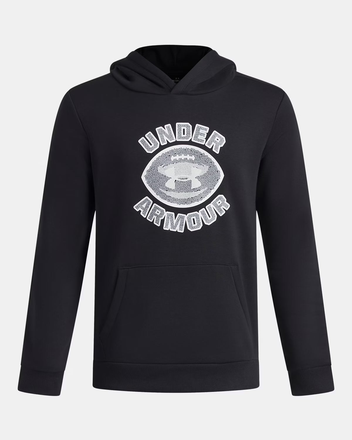 Hoodie UA Rival Fleece FB Graphic - Under Armour noir avec logo football américain blanc et gris, en molleton, vue de face.