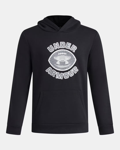 Hoodie UA Rival Fleece FB Graphic - Under Armour noir avec logo football américain blanc et gris, en molleton, vue de face.