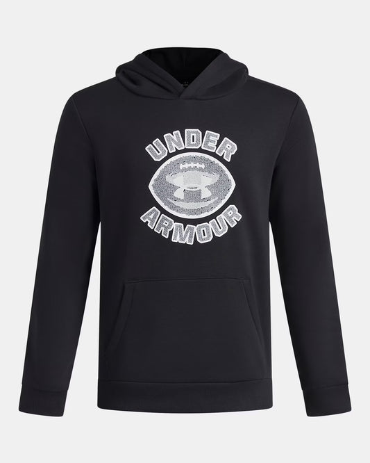 Hoodie UA Rival Fleece FB Graphic - Under Armour noir avec logo football américain blanc et gris, en molleton, vue de face.