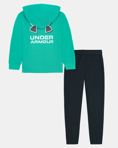 Ensemble - Under Armour comprenant un sweat à capuche turquoise avec logo blanc et noir au dos et un pantalon noir, vue de dos sur fond blanc.