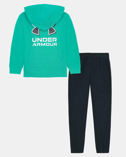 Ensemble - Under Armour comprenant un sweat à capuche turquoise avec logo blanc et noir au dos et un pantalon noir, vue de dos sur fond blanc.