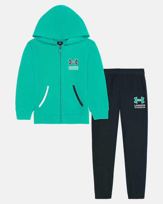 Ensemble - Under Armour avec sweat à capuche zippé turquoise et poches contrastées blanc et noir, pantalon noir avec logo turquoise, pour enfant, vue de face.