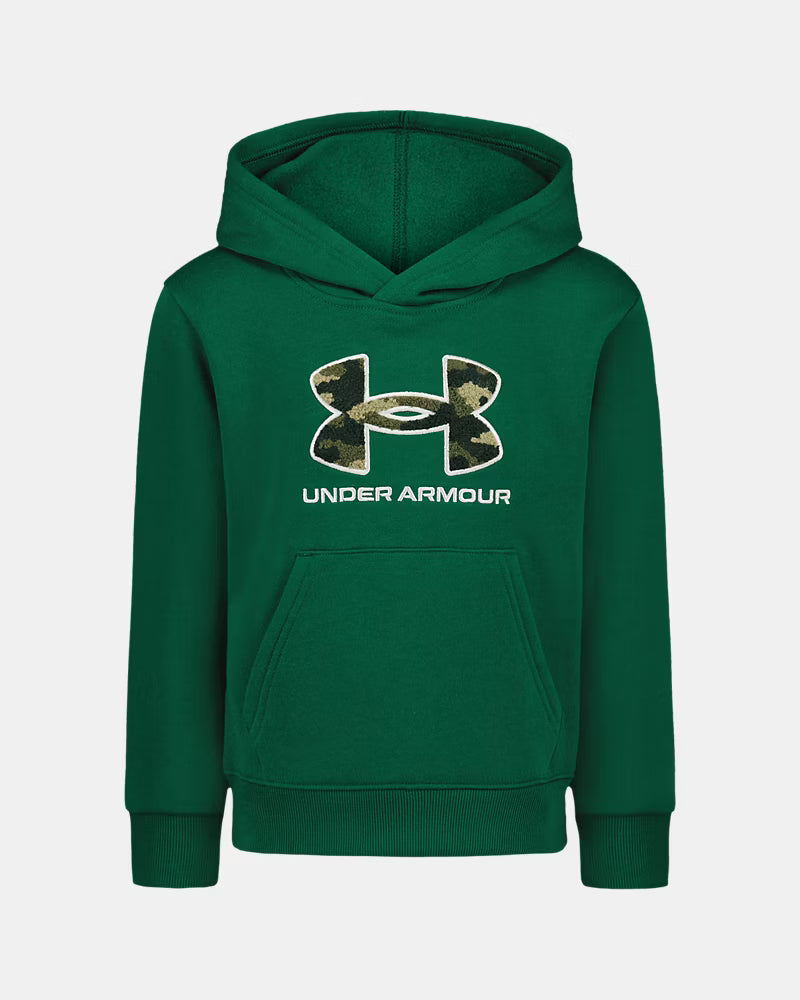 Hoodie - Under Armour vert avec logo camouflage beige et vert sur le devant, style à capuche, porté enfant, vue de face.