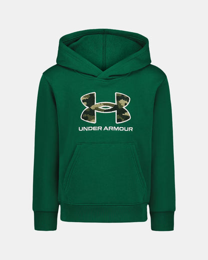 Hoodie - Under Armour vert avec logo camouflage beige et vert sur le devant, style à capuche, porté enfant, vue de face.
