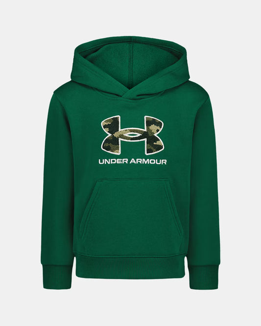 Hoodie - Under Armour vert avec logo camouflage beige et vert sur le devant, style à capuche, porté enfant, vue de face.
