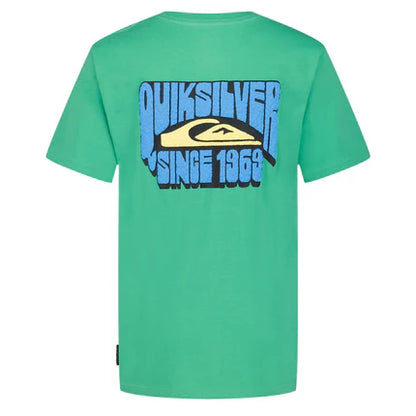 T-Shirt - Quiksilver vue arrière en carré 430x430 avec logo bleu sur tissu vert en coton 100%