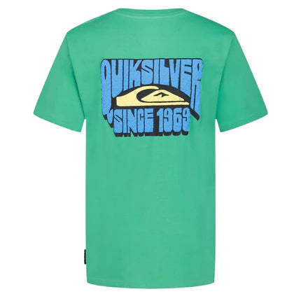T-Shirt - Quiksilver vue arrière en carré 430x430 avec logo bleu sur tissu vert en coton 100%