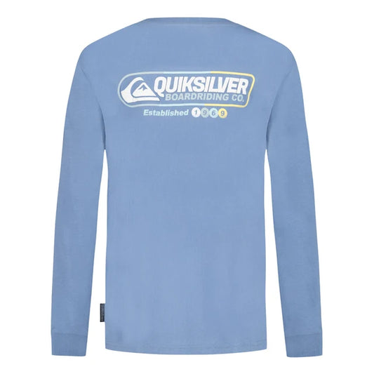Chandail - Quiksilver bleu clair à manches longues en coton, logo blanc et jaune imprimé dans le dos, vue de dos.