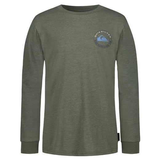 Chandail - Quiksilver à manches longues vert kaki en coton, avec petit logo rond bleu clair imprimé sur la poitrine, vue de face.