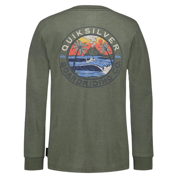 Chandail - Quiksilver vert kaki à manches longues en coton, avec grand logo coloré sur le dos, vue arrière.