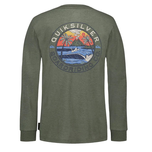 Chandail - Quiksilver vert kaki à manches longues en coton, avec grand logo coloré sur le dos, vue arrière.