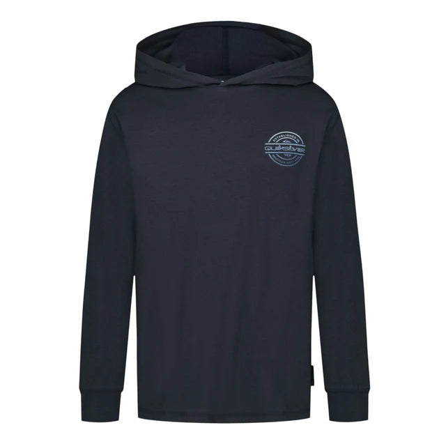 Chandail - Quiksilver bleu marine en coton avec capuche, logo imprimé bleu clair sur la poitrine, vue de face portée sur mannequin enfant.