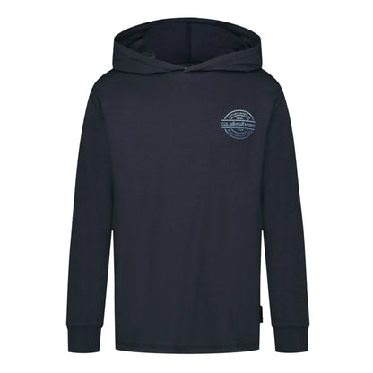 Chandail - Quiksilver bleu marine en coton avec capuche, logo imprimé bleu clair sur la poitrine, vue de face portée sur mannequin enfant.