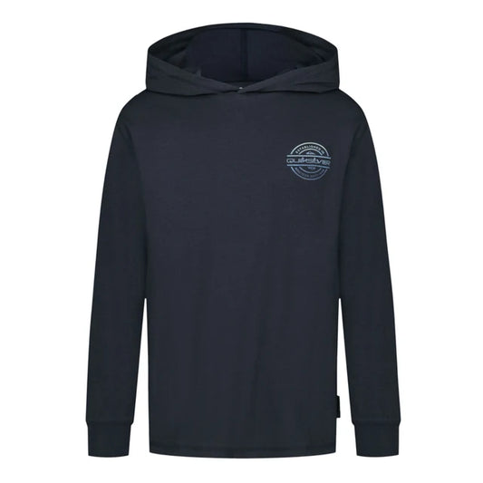 Chandail - Quiksilver bleu marine en coton avec capuche, logo imprimé bleu clair sur la poitrine, vue de face portée sur mannequin enfant.