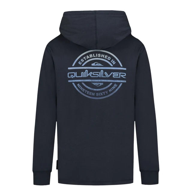 Chandail - Quiksilver à capuche bleu marine avec logo circulaire gris au dos, style décontracté, vue de dos