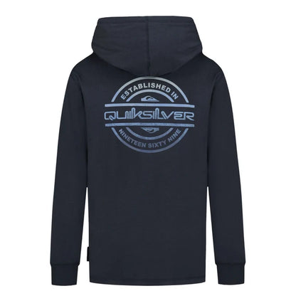 Chandail - Quiksilver à capuche bleu marine avec logo circulaire gris au dos, style décontracté, vue de dos
