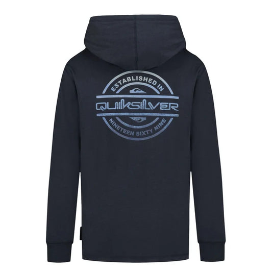 Chandail - Quiksilver à capuche bleu marine avec logo circulaire gris au dos, style décontracté, vue de dos
