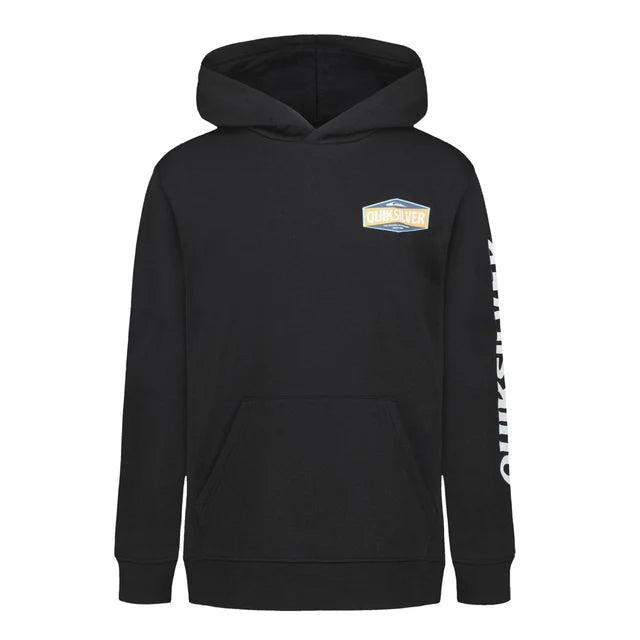 Hoodie - Quiksilver noir en coton avec logo sur la poitrine et inscription blanche sur la manche, vue de face porté par enfant