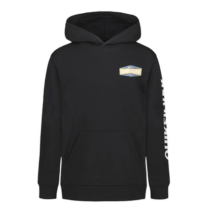 Hoodie - Quiksilver noir en coton avec logo sur la poitrine et inscription blanche sur la manche, vue de face porté par enfant