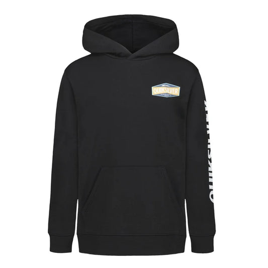 Hoodie - Quiksilver noir en coton avec logo sur la poitrine et inscription blanche sur la manche, vue de face porté par enfant
