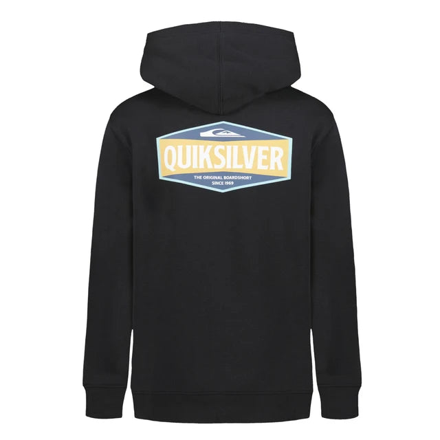 Hoodie - Quiksilver noir avec capuche, logo multicolore jaune, bleu et blanc au dos, style décontracté, vue de dos.