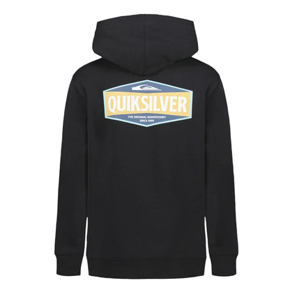 Hoodie - Quiksilver noir avec capuche, logo multicolore jaune, bleu et blanc au dos, style décontracté, vue de dos.