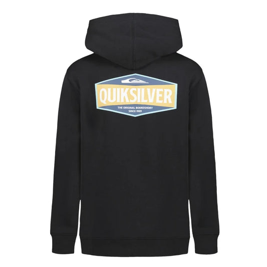 Hoodie - Quiksilver noir avec capuche, logo multicolore jaune, bleu et blanc au dos, style décontracté, vue de dos.