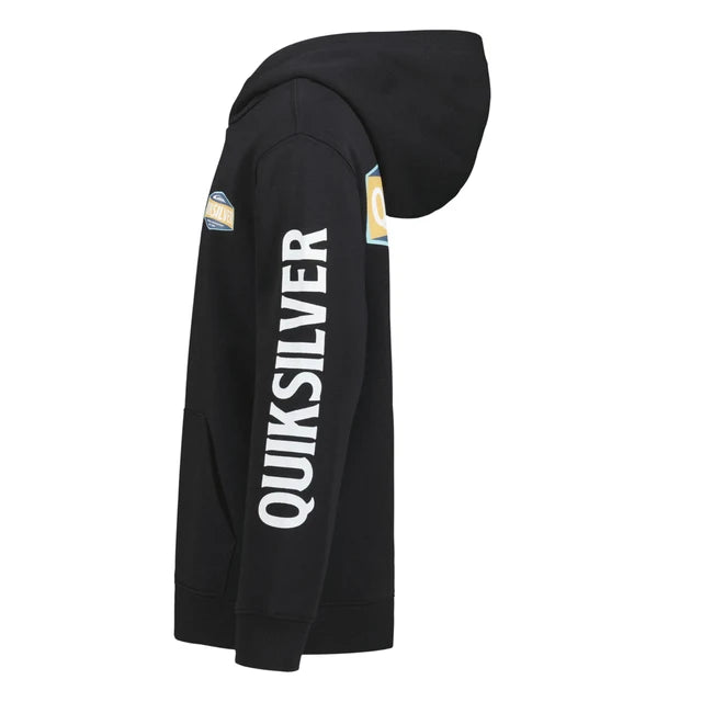 Hoodie - Quiksilver noir avec inscription blanche sur la manche, logo coloré bleu et beige, vue de profil, style casual adulte.