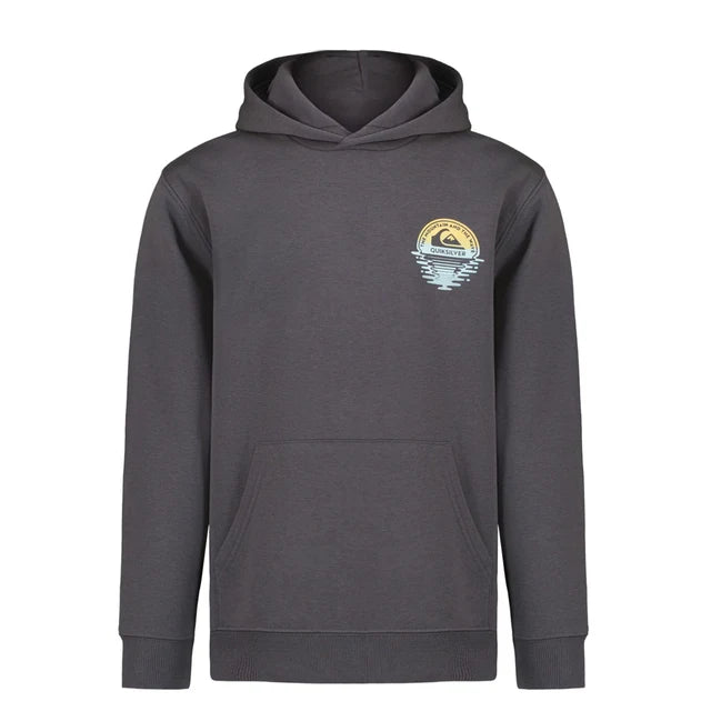 Hoodie - Quiksilver gris foncé en coton avec capuche, poche kangourou et logo circulaire jaune et bleu, vue de face.