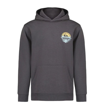 Hoodie - Quiksilver gris foncé en coton avec capuche, poche kangourou et logo circulaire jaune et bleu, vue de face.