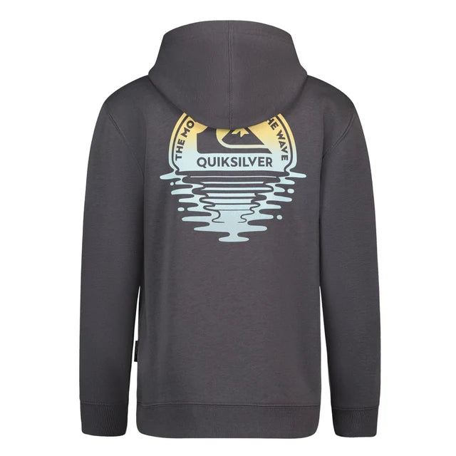 Hoodie - Quiksilver gris foncé en coton avec capuche, imprimé coloré au dos avec motifs d'eau, vue de dos.